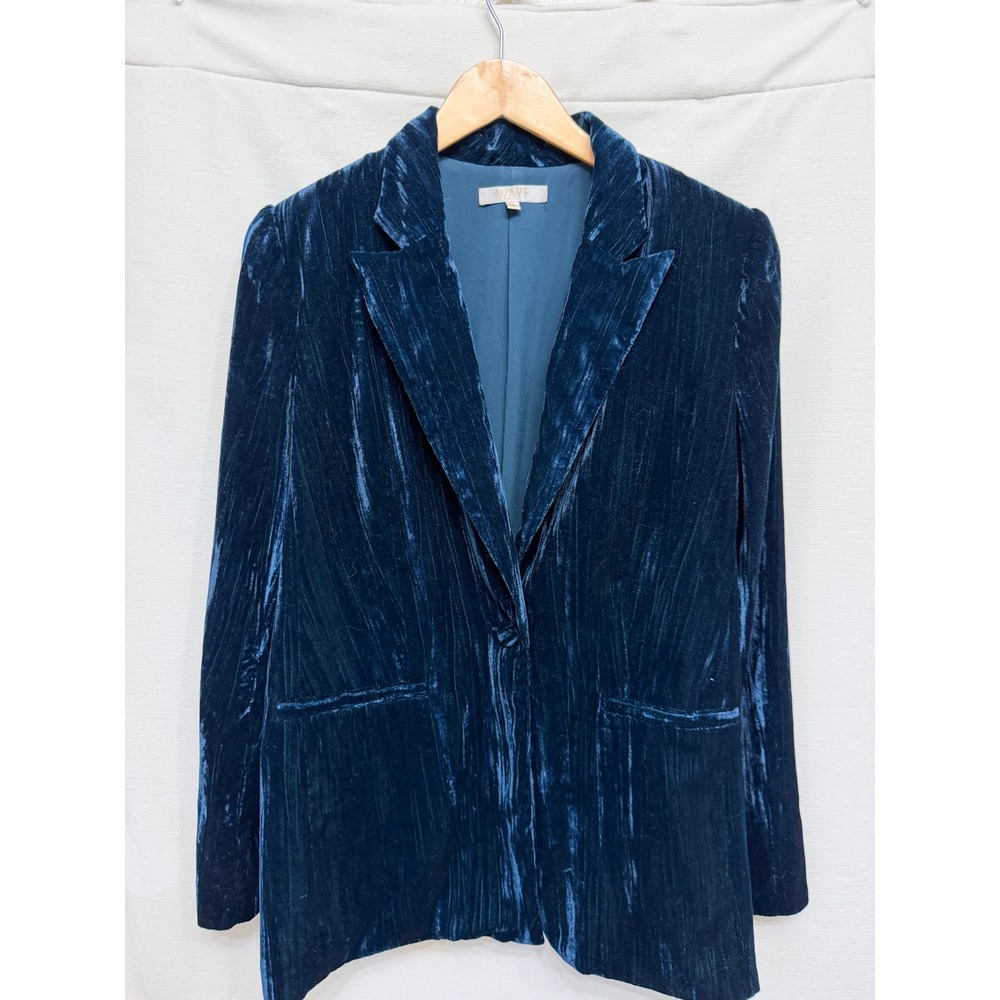 WAYF Goodwin Navy Blue Crushed Velvet Single Button Longline Blazer Jacket S NEW